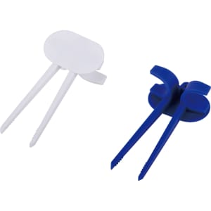 A set of two drink straw clips, one in white and the other in blue, designed for holding drinking straws.