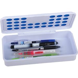 A white pencil case with blue bubble accents, containing various pens and markers in different colours.