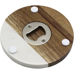 A drink bottle opener coaster in a round shape, featuring a mix of wood and white marble with a metallic bottle opener.