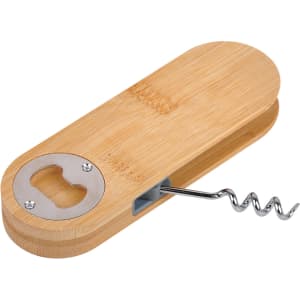 A drink bottle opener made from bamboo, featuring a stainless steel cap remover and a corkscrew.