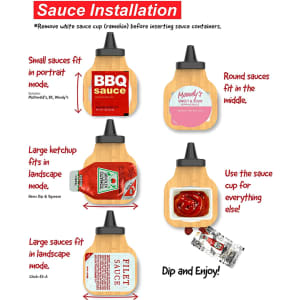 A promotional image for the Sauce Holder featuring instructions for use with various sauces. The design includes a wood and black colour scheme.