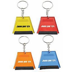 A selection of four ice scrapers in yellow, red, orange, and blue, each attached to a key ring.