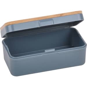 A grey earbuds case featuring a bamboo lid, showcasing a simple and modern design for storing earbuds.