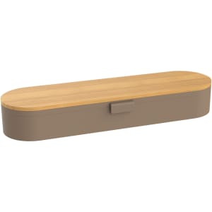 A cutlery set case in earthy brown with a bamboo lid, featuring a simple design and a clasp closure.