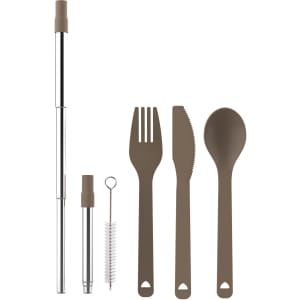A cutlery set featuring a stainless steel straw with a cleaning brush, and brown utensils including a fork, knife, and spoon.