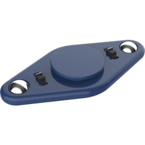 A blue stress reliever shaped like a smooth, elongated object with two raised buttons. It has a logo on it.
