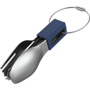 A compact cutlery set with a silver fork and spoon, secured with a blue holder and metal keyring.