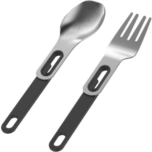 A set of stainless steel cutlery including a spoon and fork with black handles, featuring a loop design.
