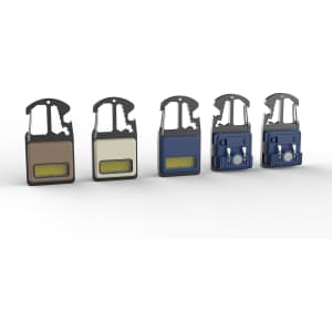A tool set featuring five multi-tools in brown, cream, dark blue, light blue, and navy, with branding on each.
