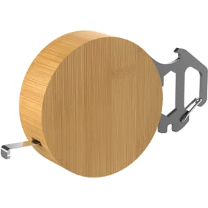 A round bamboo tool set with a metal clip, featuring a retractable measuring tape and multiple tool functions.