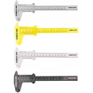 A vernier caliper in four colours: grey, yellow, white, and black, featuring a logo on each.