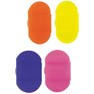 A set of four pill boxes in orange, yellow, purple, and pink with a simple design and a logo on the front.