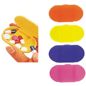 A pill box in four vibrant colours: orange, yellow, purple, and pink, containing assorted pills.