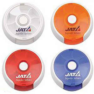 A set of four circular pill boxes in white, orange, red, and blue, each featuring a logo.