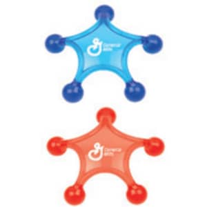 A blue and a red massager, each with rounded nodules, featuring a logo.