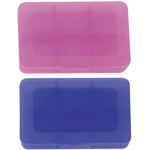 Two pill boxes, one pink and one blue, with a translucent design and a hinged lid. Each box features compartments inside.