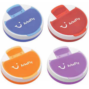 A set of four pill boxes in blue, red, orange, and purple, each with a white lid and a logo.