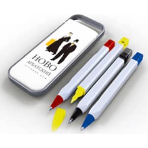 A pen set in a grey case featuring four pens: black, red, blue, and yellow, with a logo on the lid.
