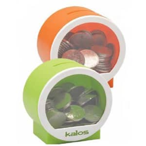 A green and an orange coin bank, both round with transparent sections showing coins inside. Each features a logo.