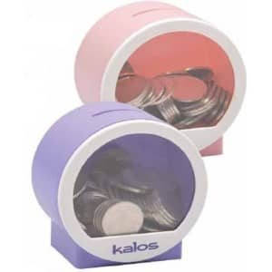 A pink and a purple coin bank, both with transparent sections displaying coins inside. Each bank features a logo.