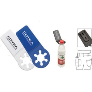A drink bottle holder in white and blue, with a black attachment for securing to a belt or bag. Features a logo.