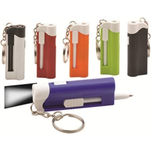 A collection of ball pens with LED lights in various colours, featuring keychain attachments and a branding logo.