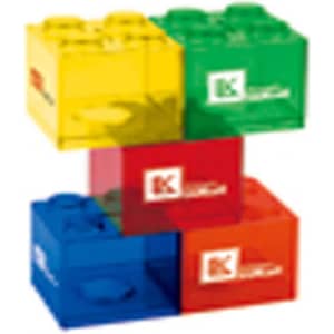 A stack of colourful transparent money boxes in yellow, green, red, and orange, featuring a logo on each box.
