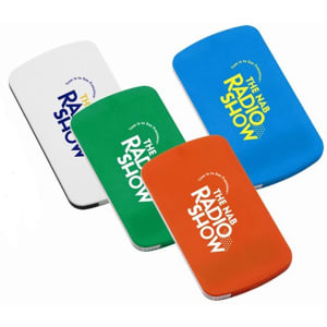 A set of four promotional mirrors in white, green, blue, and orange, each featuring a logo.
