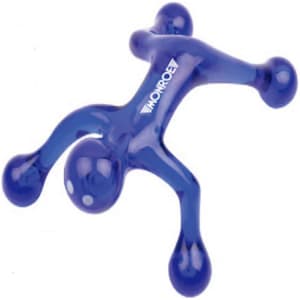 A blue massager designed in a playful, human-like shape with rounded ends and a logo.