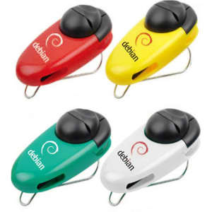 A set of four mini gadgets in red, yellow, green, and white, featuring a logo on each.