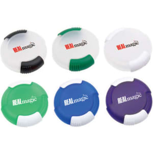A set of six pill boxes in white, green, and purple, featuring a logo on the top of each.