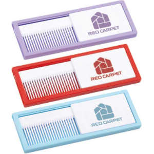 A set of three combs with mirrors in purple, red, and blue, each featuring a logo on the front.
