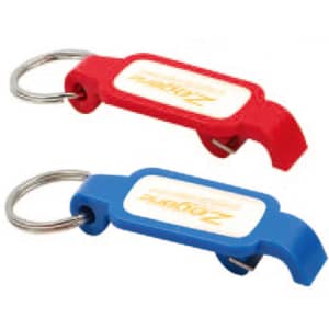 A drink bottle opener in red and blue, featuring a keyring attachment and a logo on each.