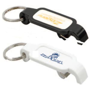 A drink bottle opener in black and white, featuring a keyring and a logo on each piece.