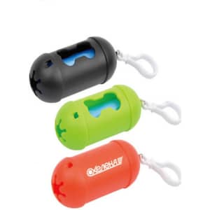 A set of three garbage bag holders in black, green, and orange, each with a clip for attachment.