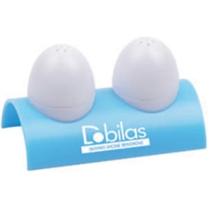 A blue condiment holder featuring two egg-shaped containers in grey, placed on a curved stand with a logo.
