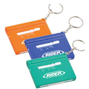 Three keyring tools in orange, blue, and green, each featuring a measurement scale and a branding logo.