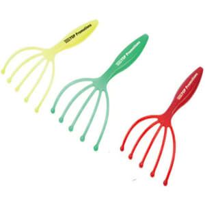 A set of three head massagers in yellow, green, and red, featuring a branding logo.