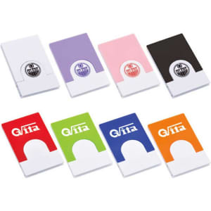 A collection of mobile holders in various colours: purple, pink, black, red, green, blue, and orange, with logos.