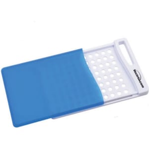 A cutting board featuring a white base with a blue slip-on cover and perforated design for drainage.