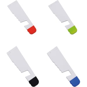 Four phone stands in white with coloured accents: red, green, black, and blue. Each has a unique shape and a logo.