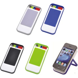 Mobile holder available in grey, blue, black, and green, featuring pen sets and cloth for clean screens.