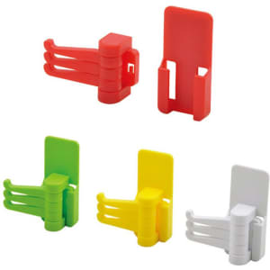 A variety of Handy Hooks in red, green, yellow, and white, designed for hanging items. Features a logo.