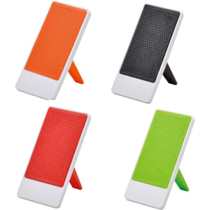 A phone holder with a stand in orange, black, red, and green colours, featuring a textured surface and a logo.