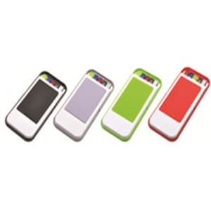 A mobile holder with pen sets in black, purple, green, and red, featuring a logo.