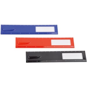 A set of three rulers in blue, red, and black, each featuring a magnifying section and a bookmark.