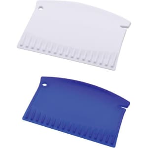 A blue and white ice scrapper with textured grip edges, featuring a hole for attachment. It has a simple design and logo.