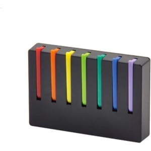 A set of six colourful hooks in orange, yellow, green, blue, and purple, mounted on a black base.