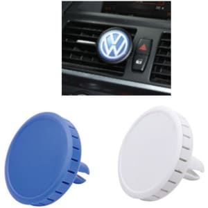 A car air freshener in blue and white colours, designed to clip onto air vents. Features a logo in the background.