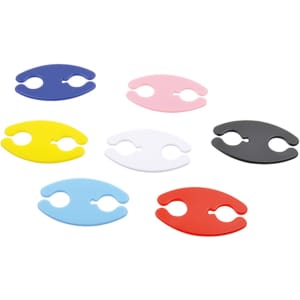 A set of seven cable organisers in blue, purple, pink, yellow, white, black, and red, featuring a logo.